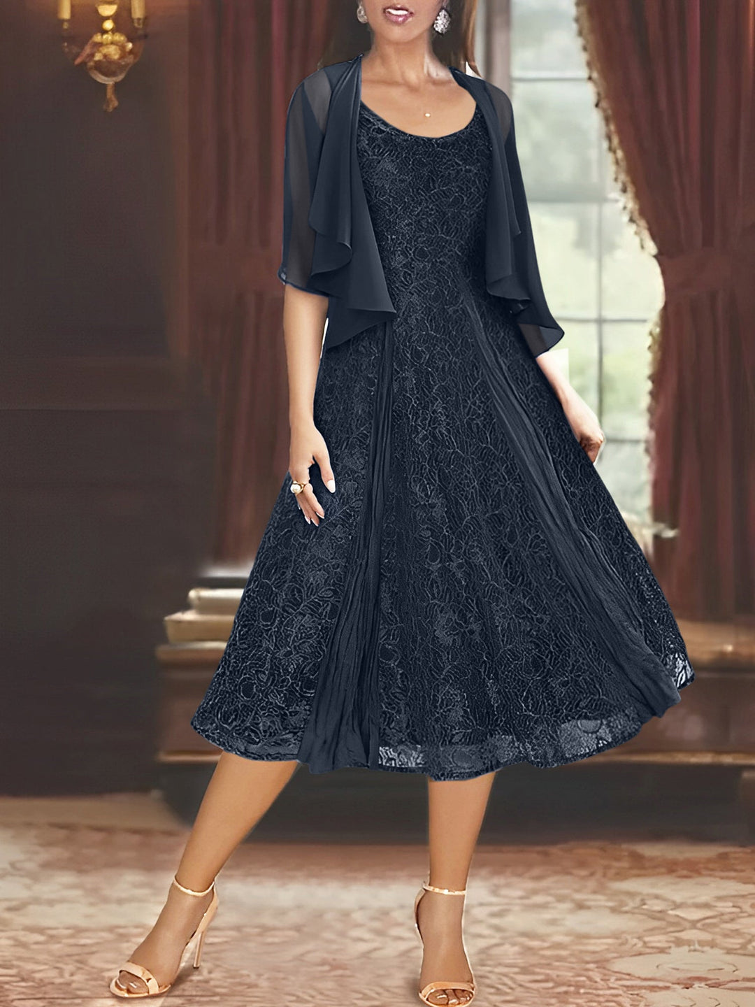 Robe de Mère de la Mariée Coupe A-Line/Princess à Manches Mi-Longues et Décolleté Plongeant avec Appliques et Veste