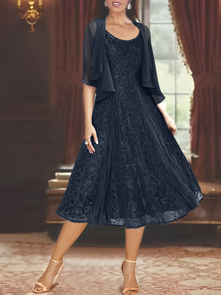 Robe de Mère de la Mariée Coupe A-Line/Princess à Manches Mi-Longues et Décolleté Plongeant avec Appliques et Veste