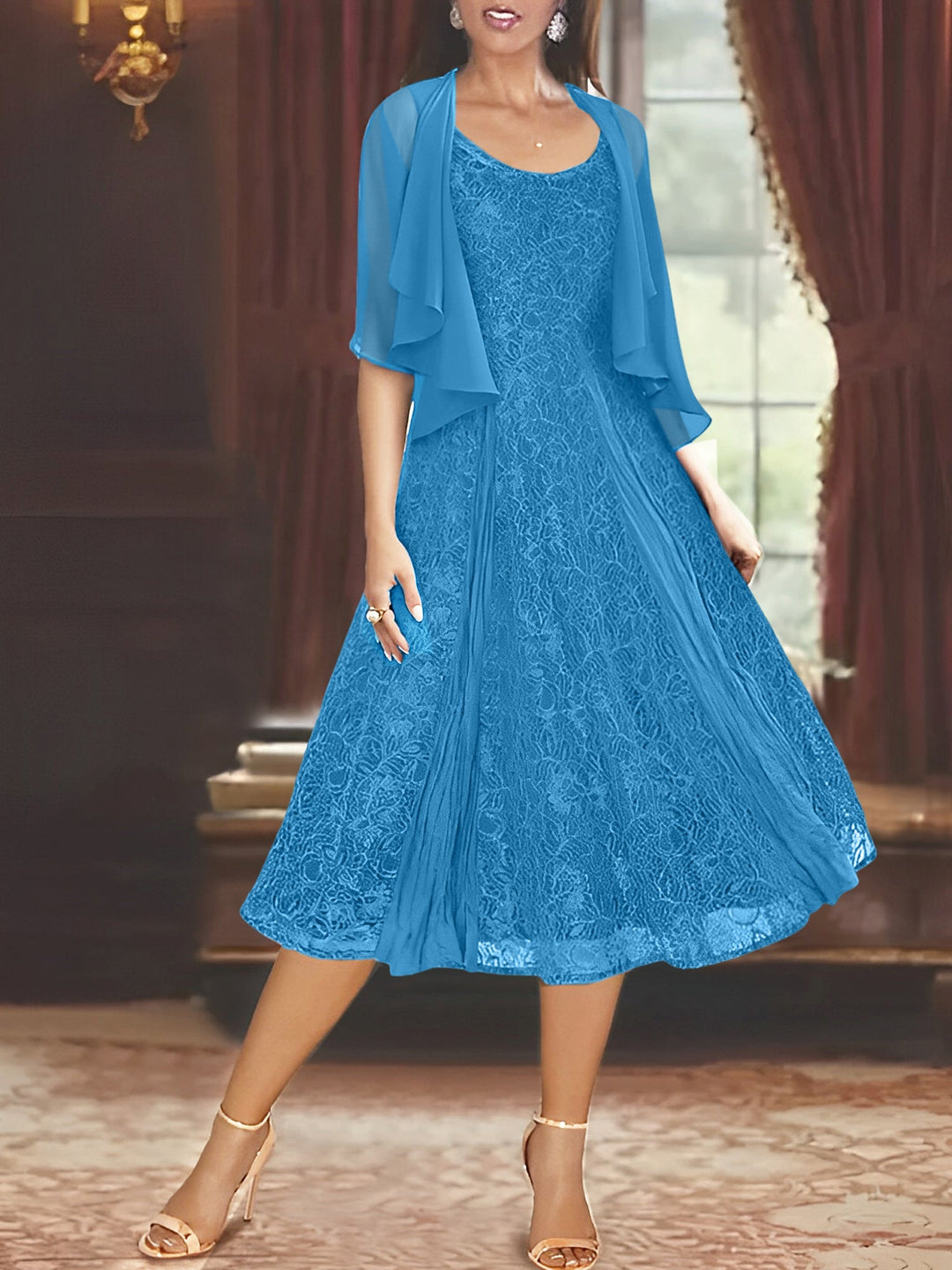 Robe de Mère de la Mariée Coupe A-Line/Princess à Manches Mi-Longues et Décolleté Plongeant avec Appliques et Veste
