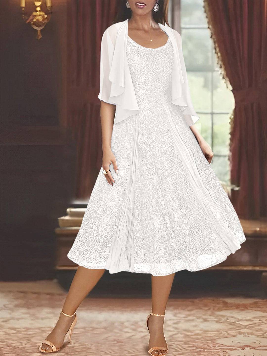 Robe de Mère de la Mariée Coupe A-Line/Princess à Manches Mi-Longues et Décolleté Plongeant avec Appliques et Veste