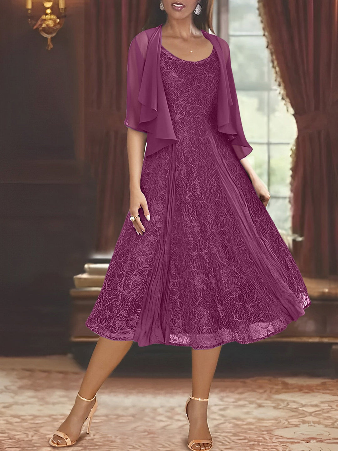 Robe de Mère de la Mariée Coupe A-Line/Princess à Manches Mi-Longues et Décolleté Plongeant avec Appliques et Veste