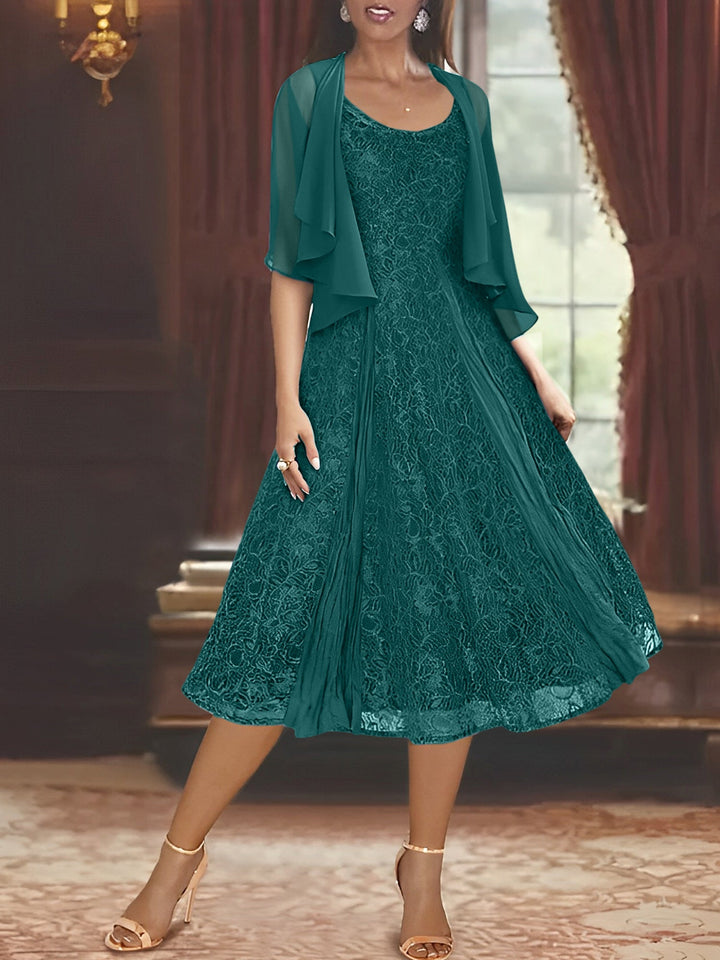 Robe de Mère de la Mariée Coupe A-Line/Princess à Manches Mi-Longues et Décolleté Plongeant avec Appliques et Veste