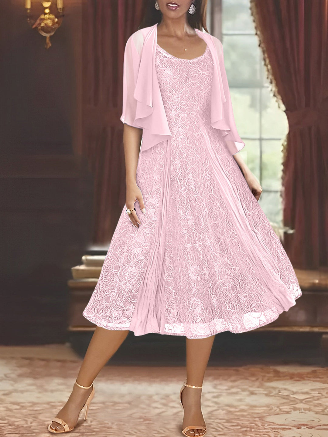Robe de Mère de la Mariée Coupe A-Line/Princess à Manches Mi-Longues et Décolleté Plongeant avec Appliques et Veste