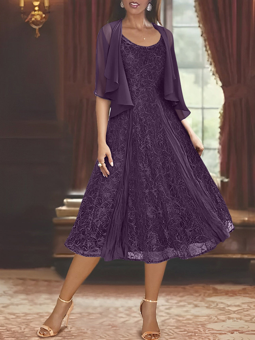 Robe de Mère de la Mariée Coupe A-Line/Princess à Manches Mi-Longues et Décolleté Plongeant avec Appliques et Veste
