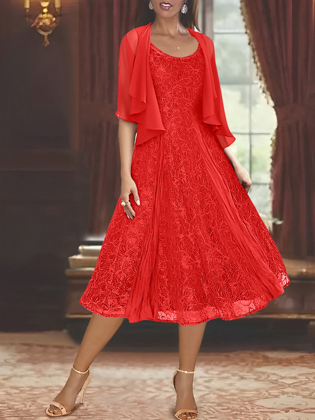 Robe de Mère de la Mariée Coupe A-Line/Princess à Manches Mi-Longues et Décolleté Plongeant avec Appliques et Veste