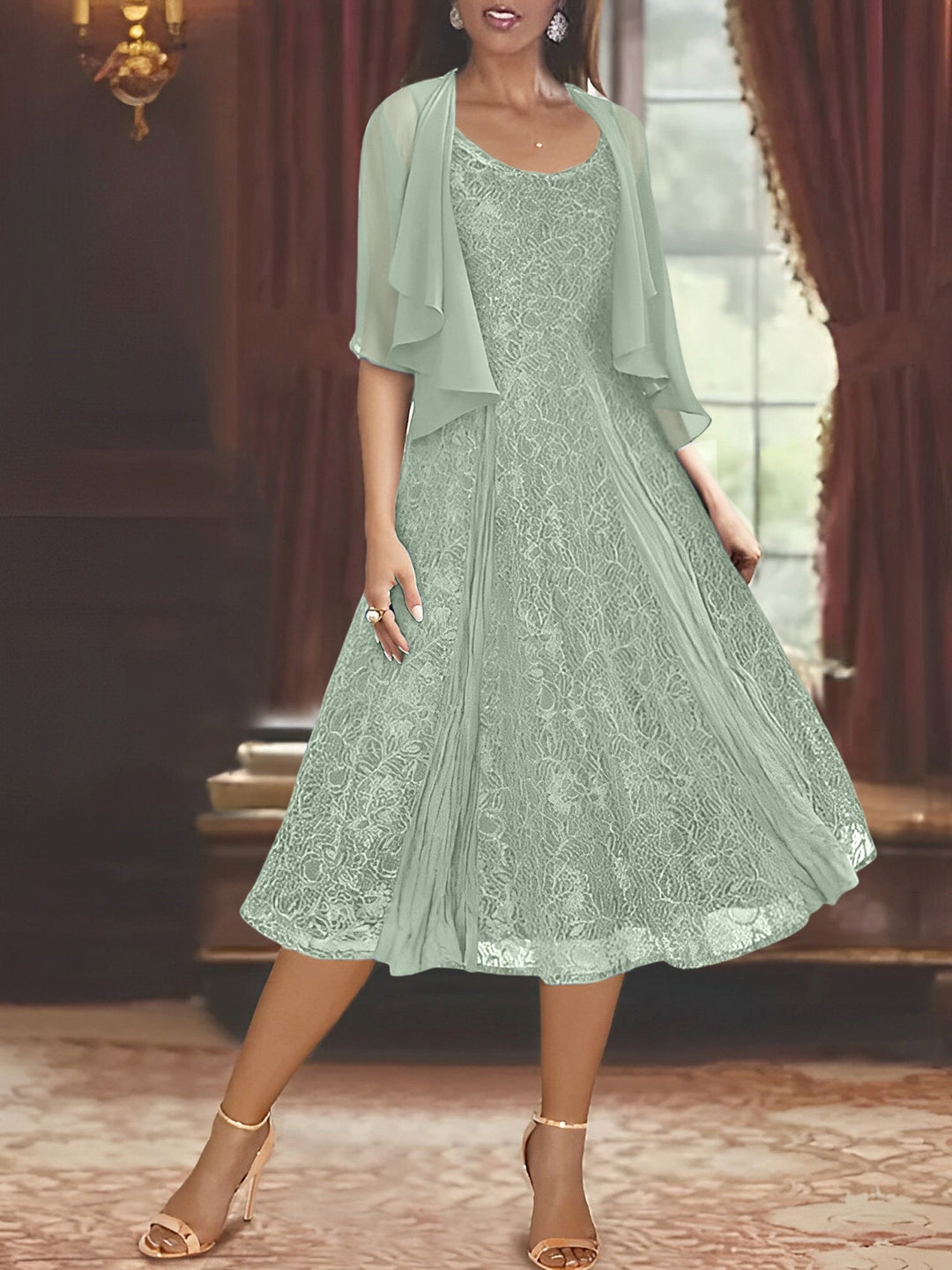 Robe de Mère de la Mariée Coupe A-Line/Princess à Manches Mi-Longues et Décolleté Plongeant avec Appliques et Veste