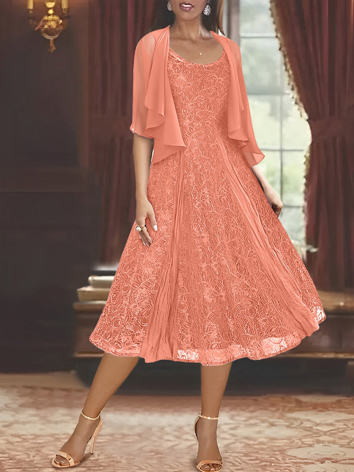 Robe de Mère de la Mariée Coupe A-Line/Princess à Manches Mi-Longues et Décolleté Plongeant avec Appliques et Veste