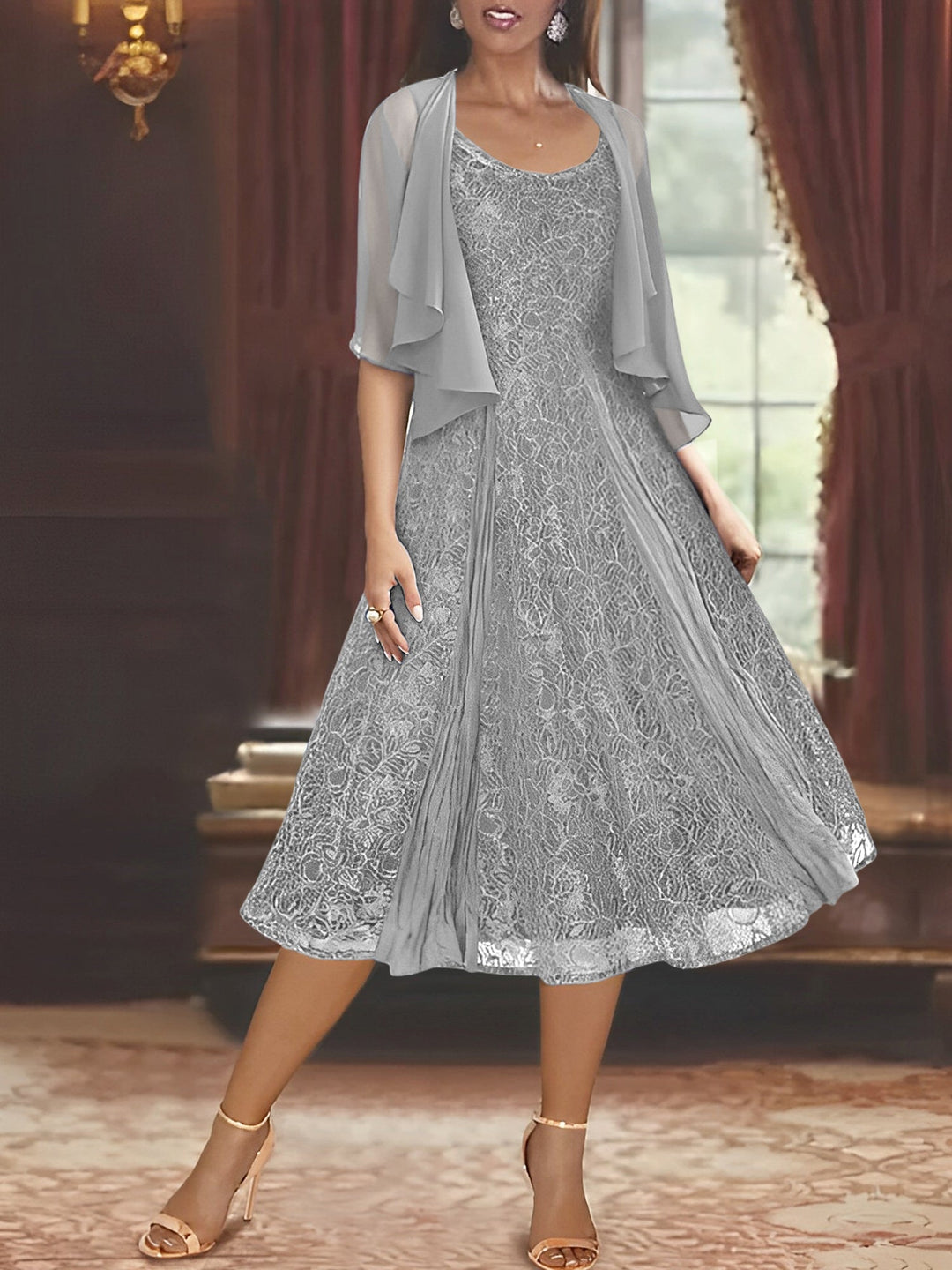 Robe de Mère de la Mariée Coupe A-Line/Princess à Manches Mi-Longues et Décolleté Plongeant avec Appliques et Veste