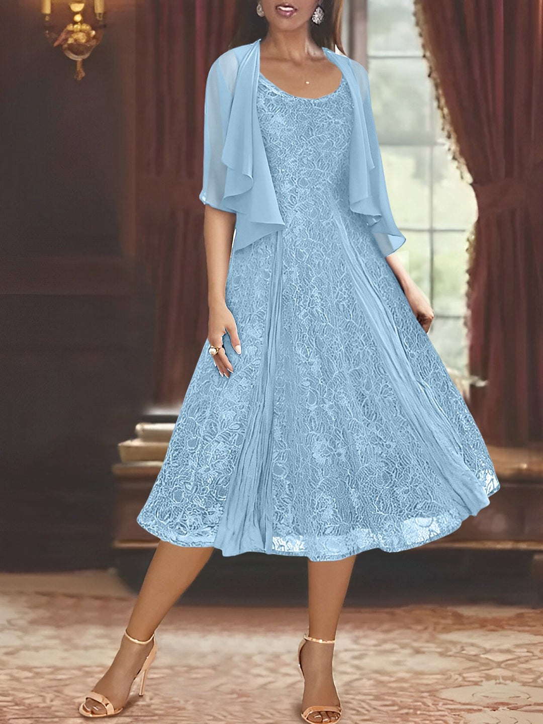Robe de Mère de la Mariée Coupe A-Line/Princess à Manches Mi-Longues et Décolleté Plongeant avec Appliques et Veste