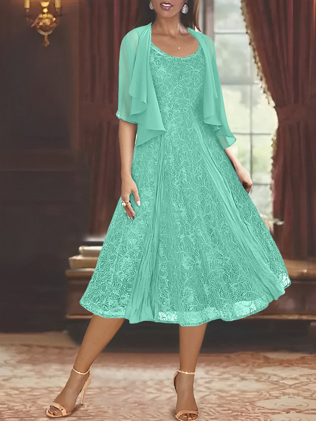 Robe de Mère de la Mariée Coupe A-Line/Princess à Manches Mi-Longues et Décolleté Plongeant avec Appliques et Veste