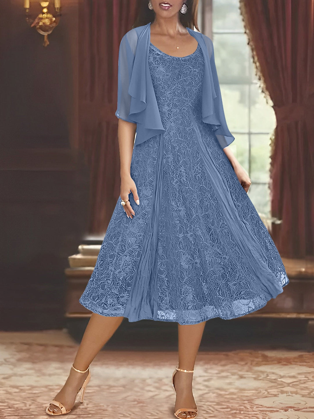 Robe de Mère de la Mariée Coupe A-Line/Princess à Manches Mi-Longues et Décolleté Plongeant avec Appliques et Veste