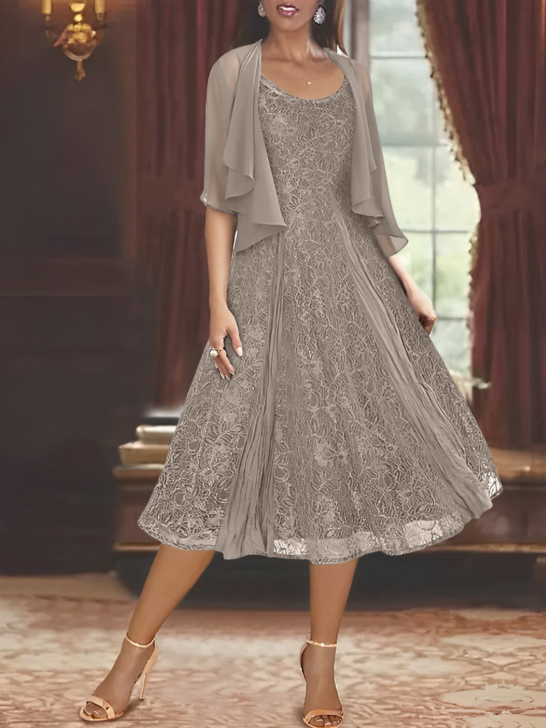 Robe de Mère de la Mariée Coupe A-Line/Princess à Manches Mi-Longues et Décolleté Plongeant avec Appliques et Veste