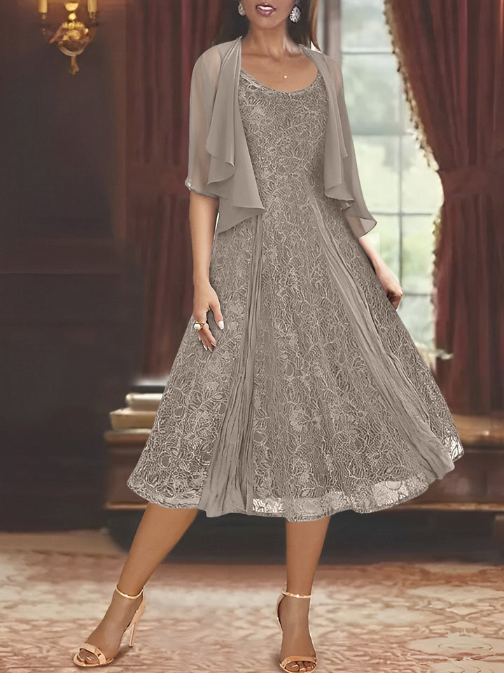 Robe de Mère de la Mariée Coupe A-Line/Princess à Manches Mi-Longues et Décolleté Plongeant avec Appliques et Veste