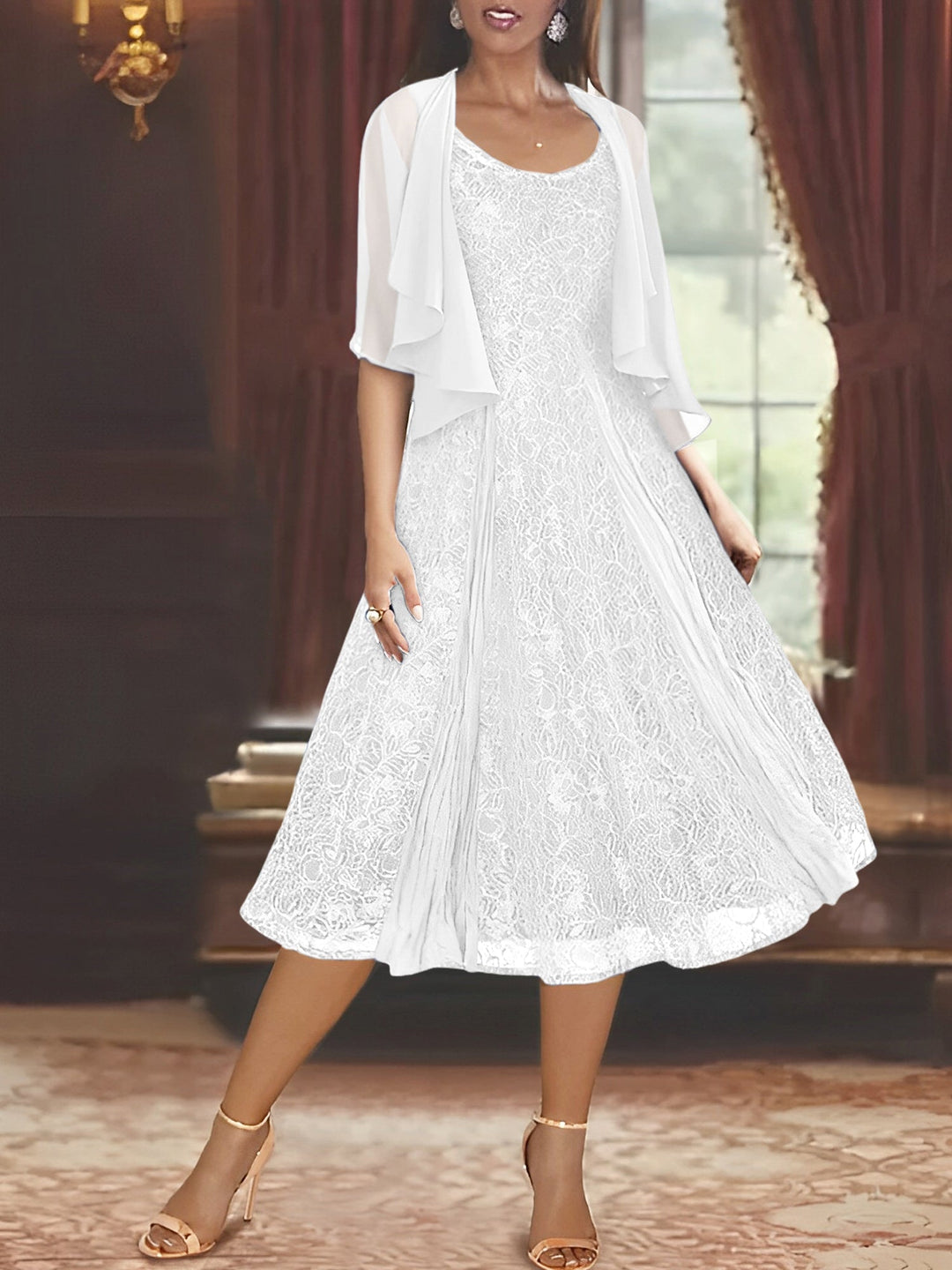 Robe de Mère de la Mariée Coupe A-Line/Princess à Manches Mi-Longues et Décolleté Plongeant avec Appliques et Veste