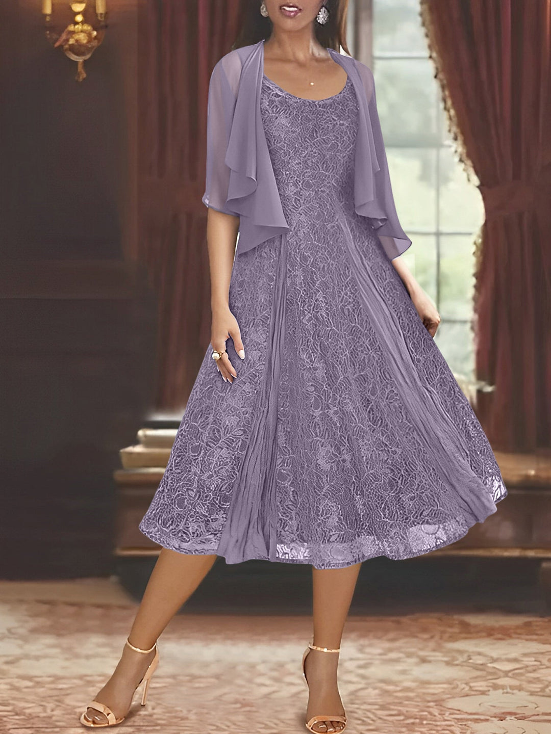Robe de Mère de la Mariée Coupe A-Line/Princess à Manches Mi-Longues et Décolleté Plongeant avec Appliques et Veste