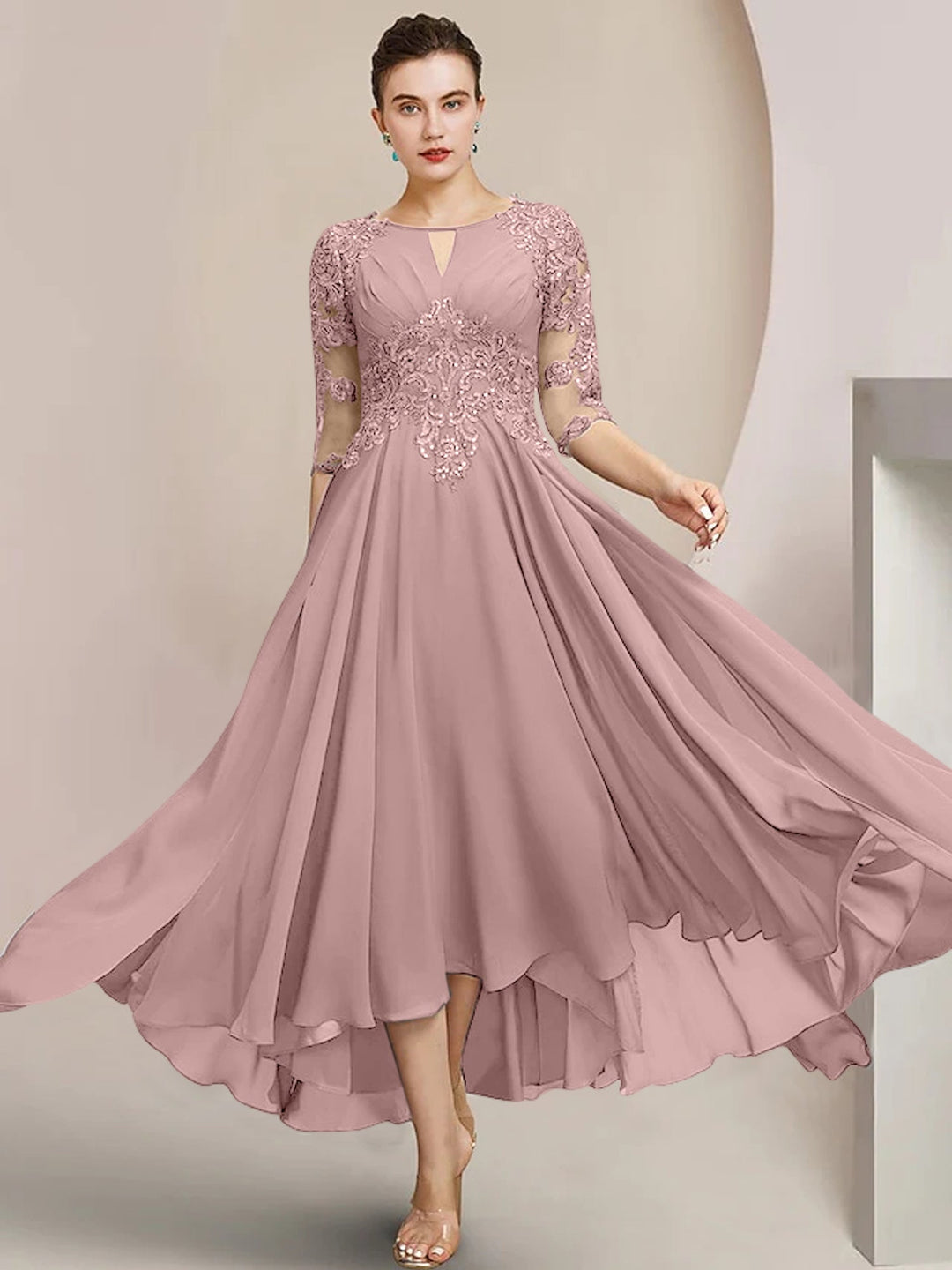 Robes de Mère de la Mariée Coupe A-Line/Princess à Encolure Dégagée et Longueur Thé