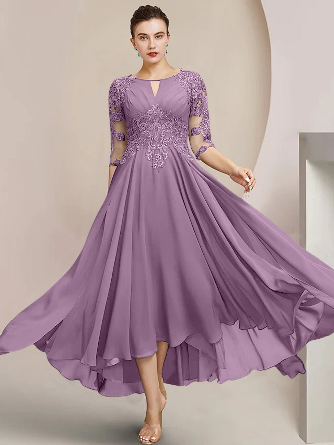 Robes de Mère de la Mariée Coupe A-Line/Princess à Encolure Dégagée et Longueur Thé