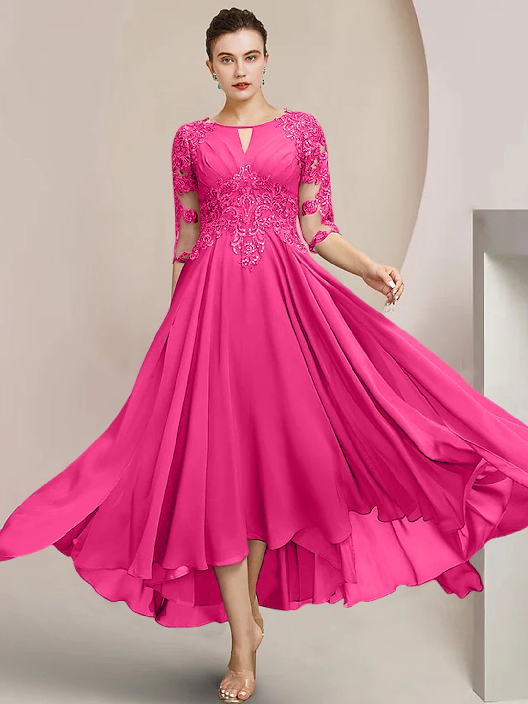 Robes de Mère de la Mariée Coupe A-Line/Princess à Encolure Dégagée et Longueur Thé