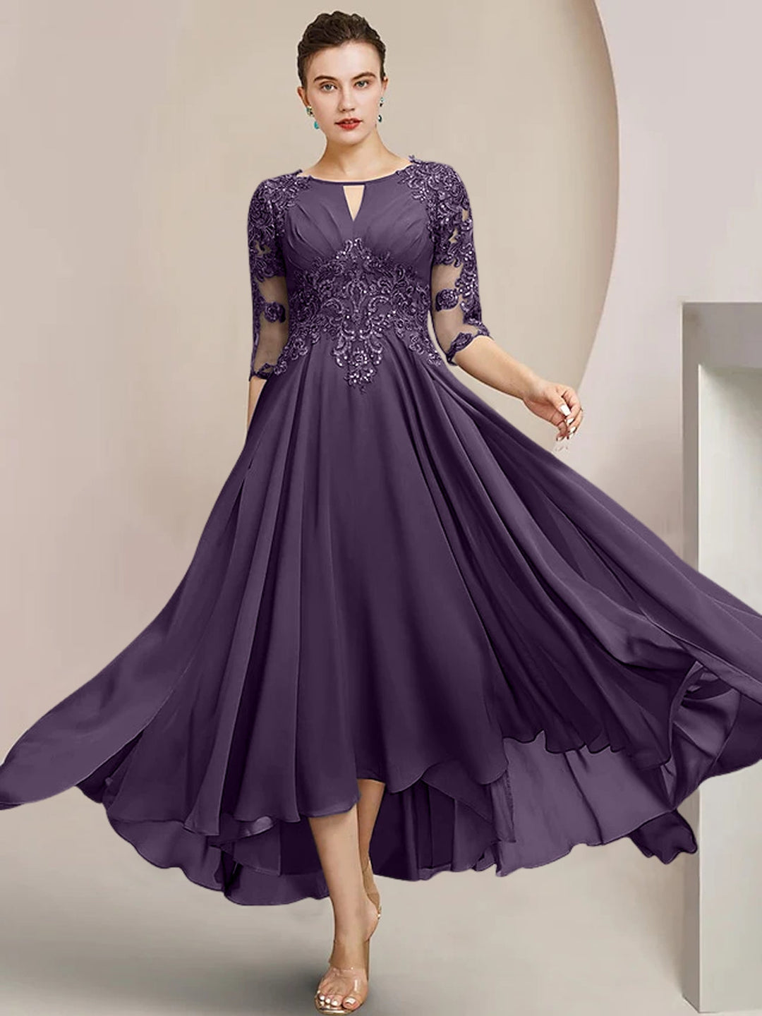 Robes de Mère de la Mariée Coupe A-Line/Princess à Encolure Dégagée et Longueur Thé