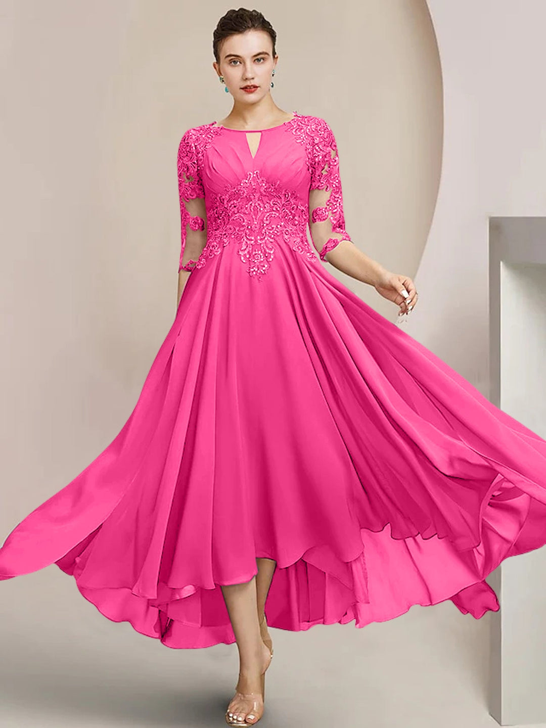Robes de Mère de la Mariée Coupe A-Line/Princess à Encolure Dégagée et Longueur Thé