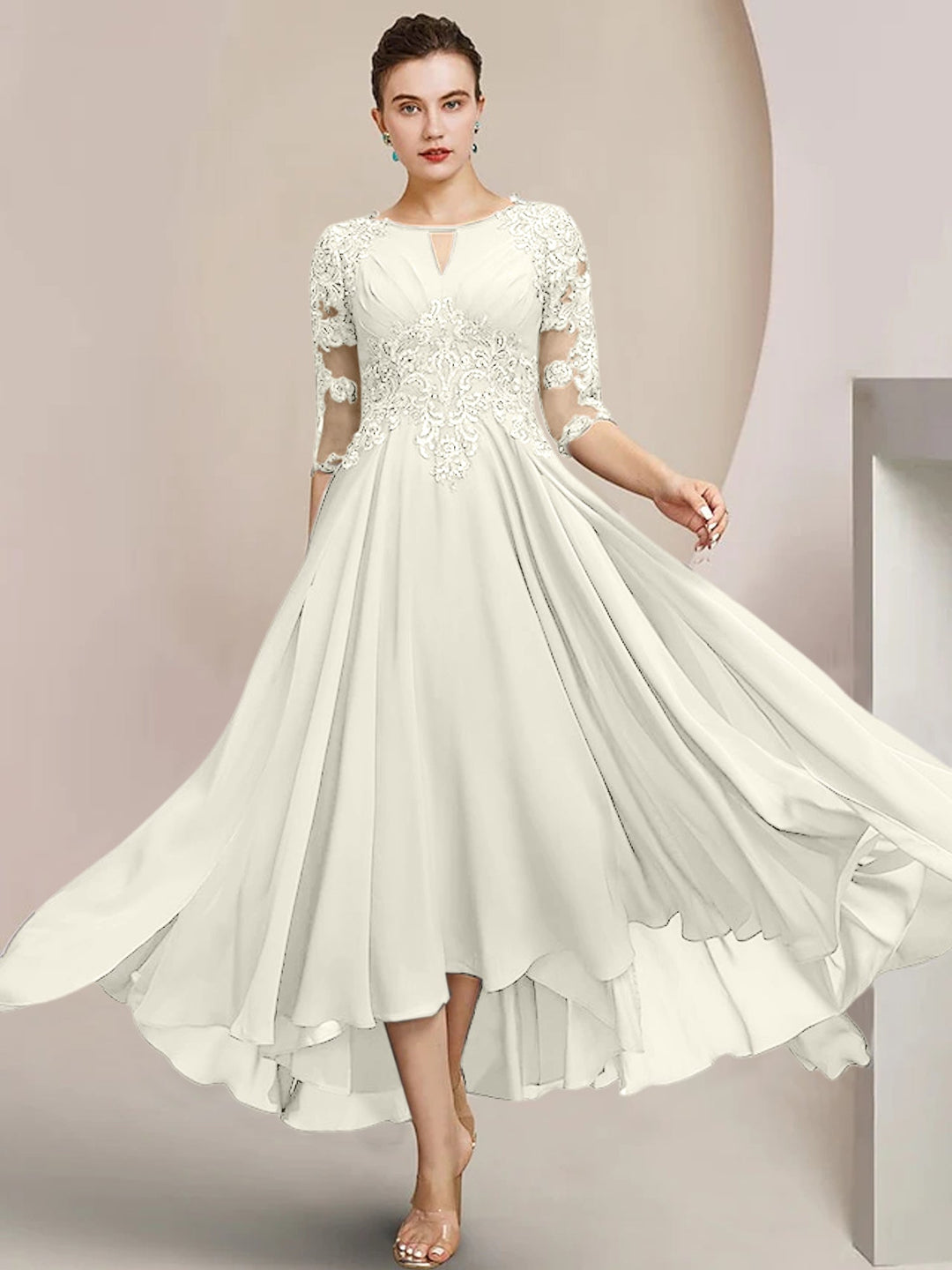 Robes de Mère de la Mariée Coupe A-Line/Princess à Encolure Dégagée et Longueur Thé