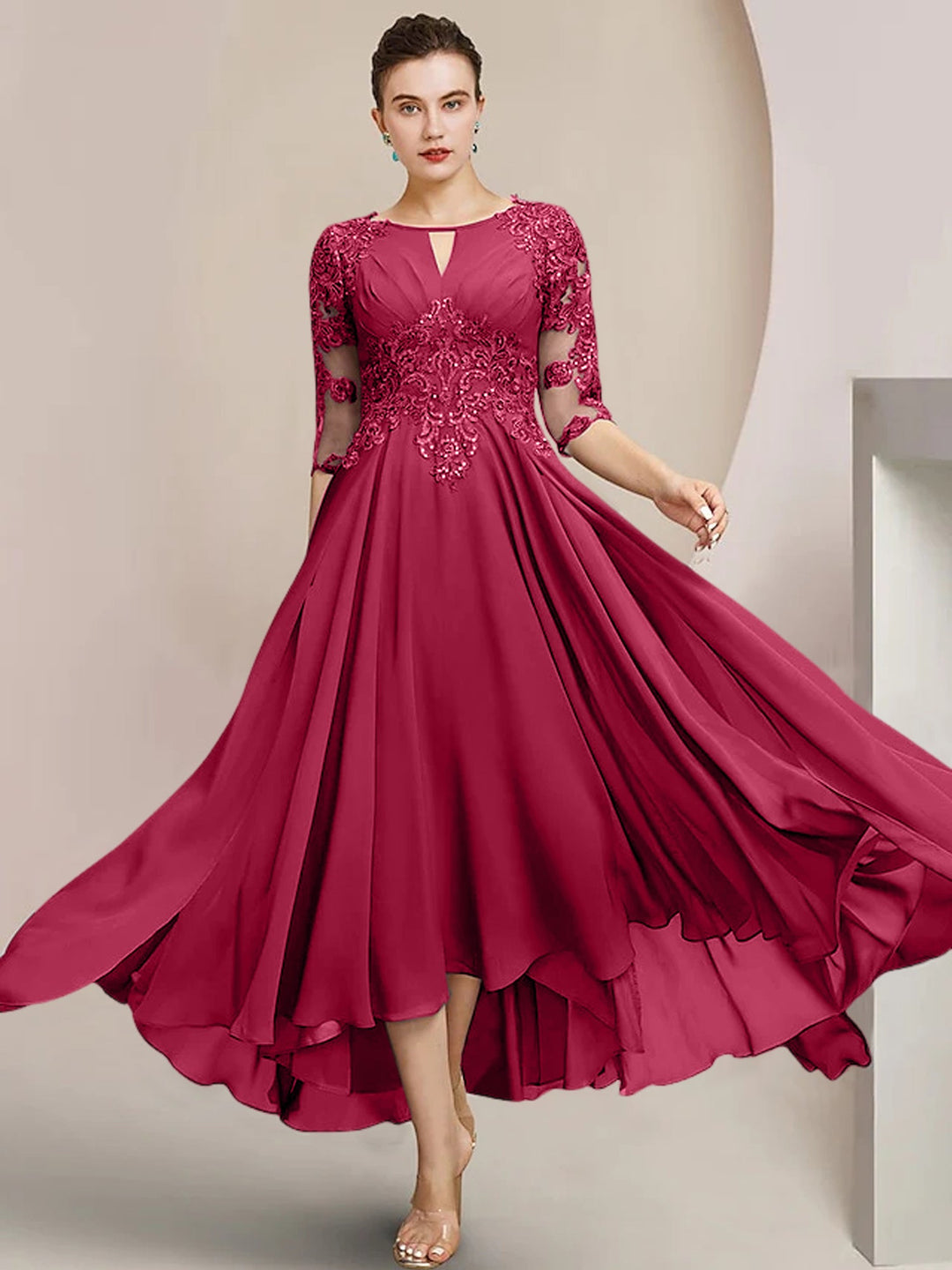 Robes de Mère de la Mariée Coupe A-Line/Princess à Encolure Dégagée et Longueur Thé