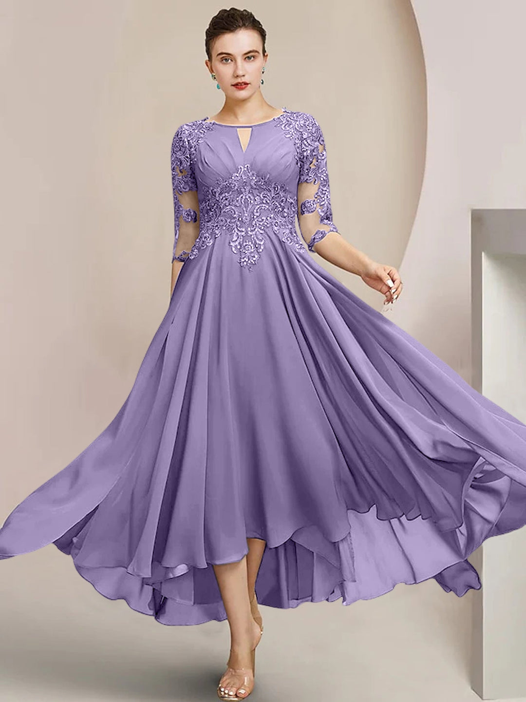 Robes de Mère de la Mariée Coupe A-Line/Princess à Encolure Dégagée et Longueur Thé