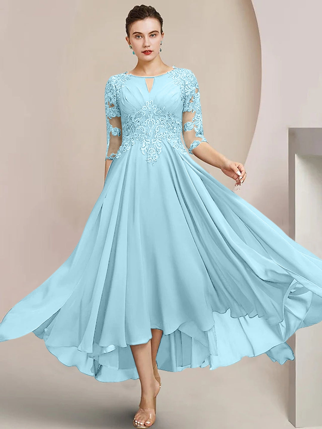 Robes de Mère de la Mariée Coupe A-Line/Princess à Encolure Dégagée et Longueur Thé