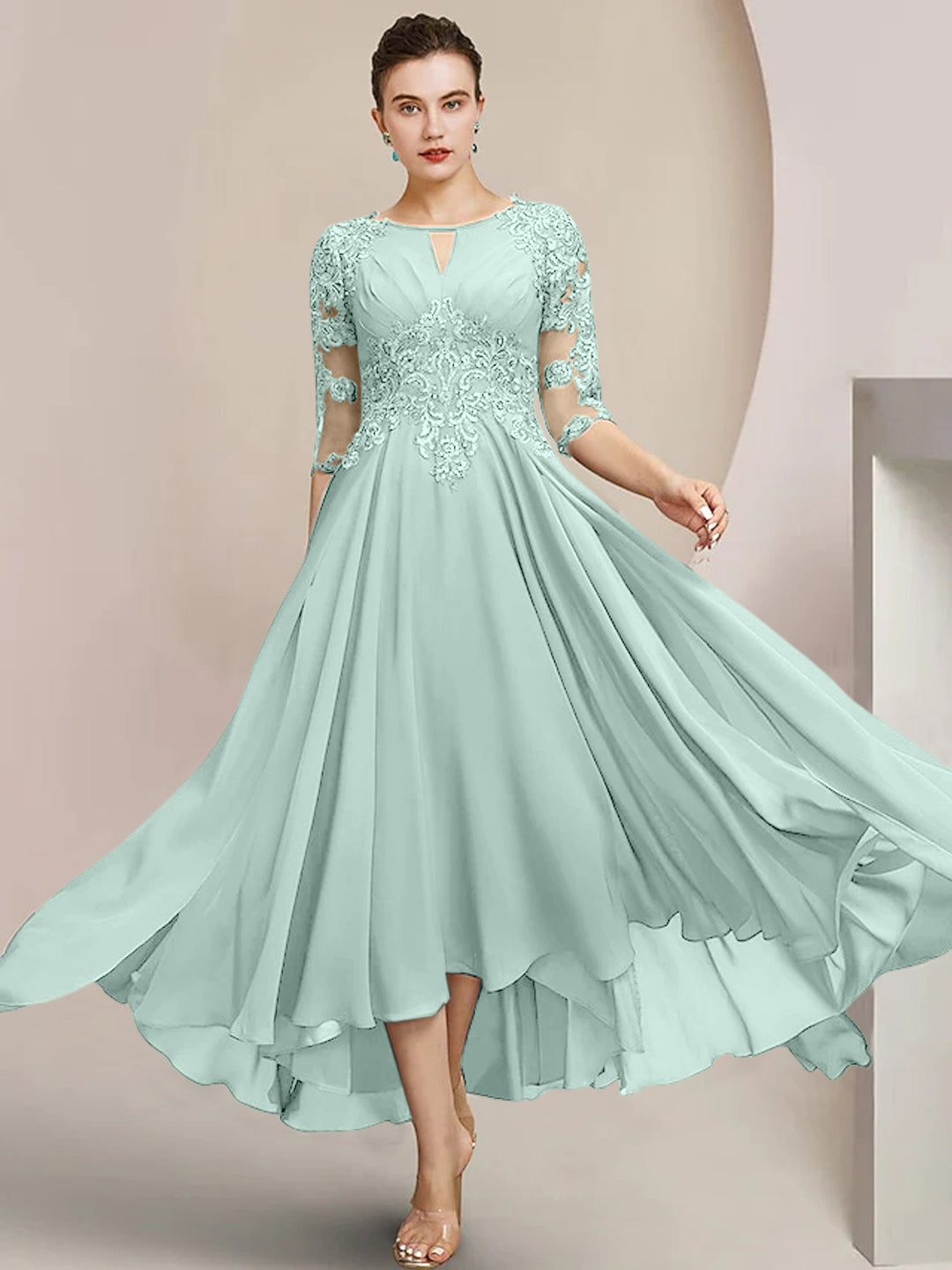 Robes de Mère de la Mariée Coupe A-Line/Princess à Encolure Dégagée et Longueur Thé