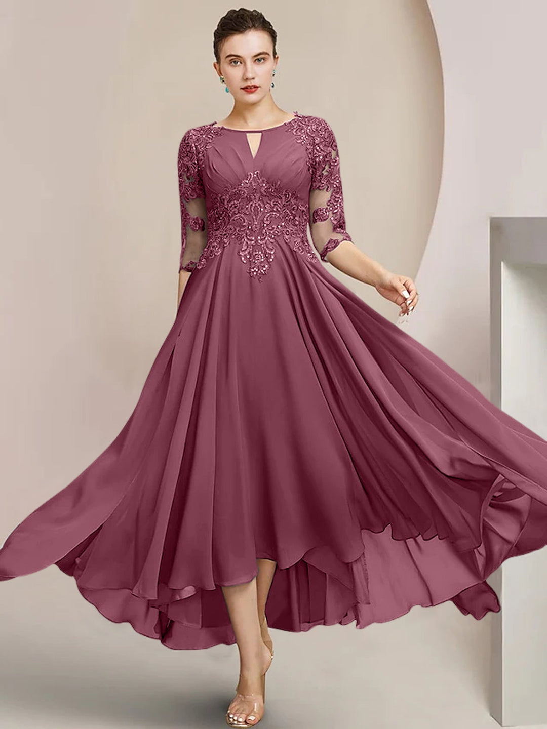 Robes de Mère de la Mariée Coupe A-Line/Princess à Encolure Dégagée et Longueur Thé