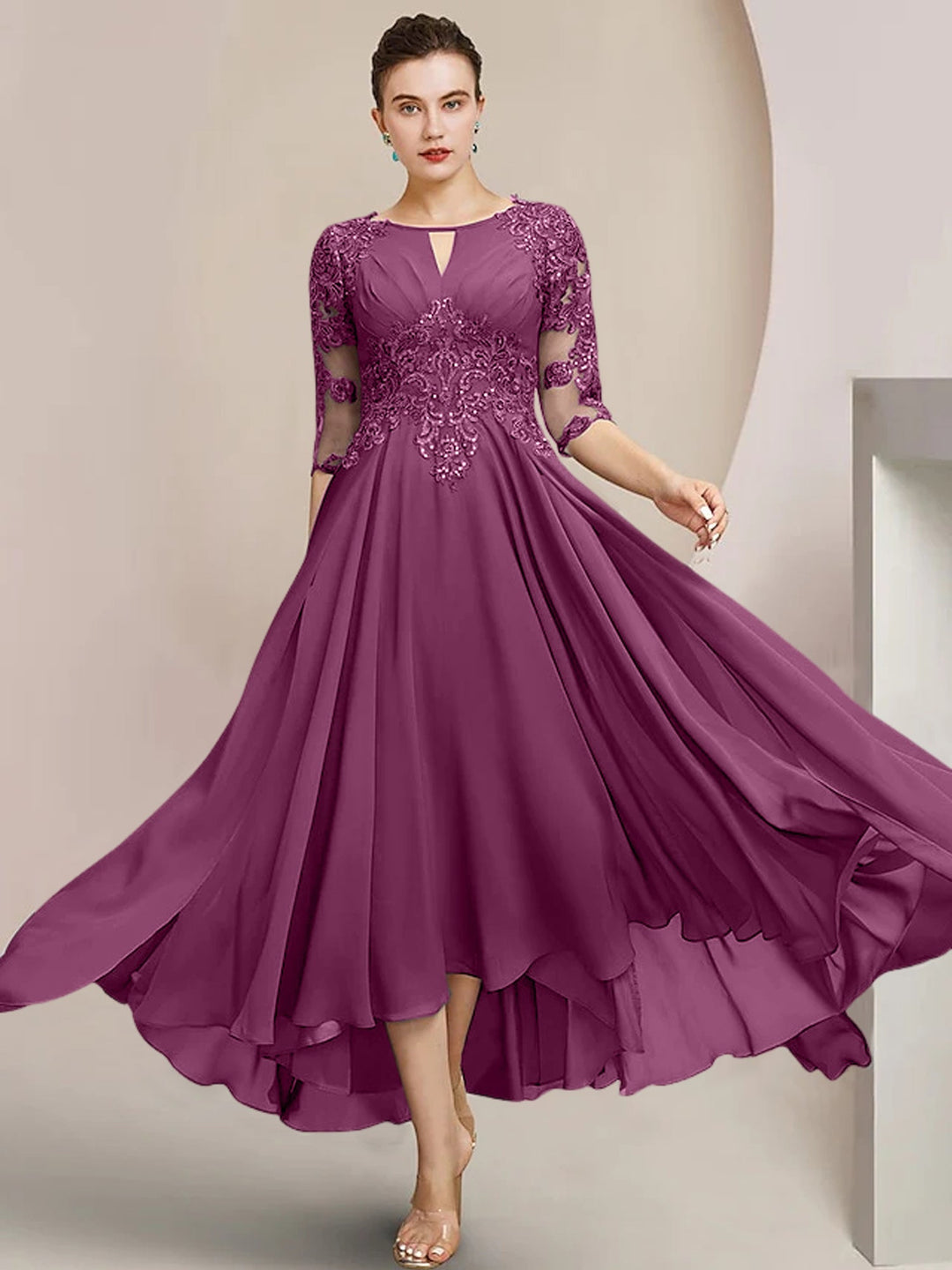 Robes de Mère de la Mariée Coupe A-Line/Princess à Encolure Dégagée et Longueur Thé