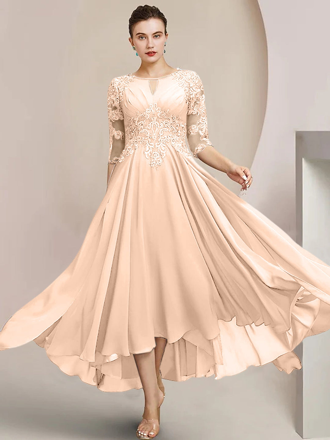 Robes de Mère de la Mariée Coupe A-Line/Princess à Encolure Dégagée et Longueur Thé