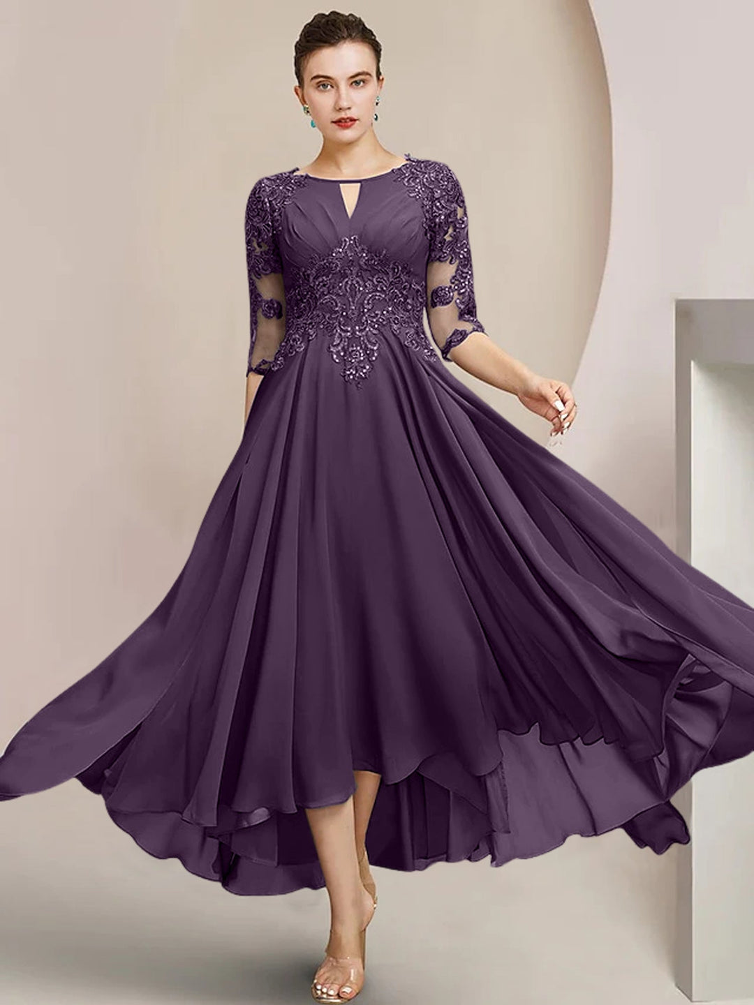 Robes de Mère de la Mariée Coupe A-Line/Princess à Encolure Dégagée et Longueur Thé