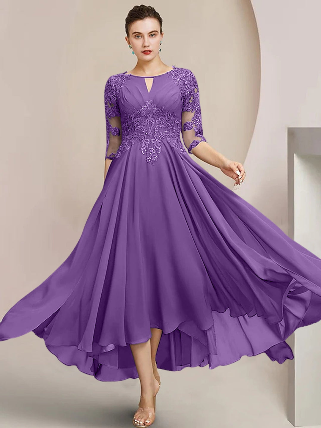 Robes de Mère de la Mariée Coupe A-Line/Princess à Encolure Dégagée et Longueur Thé