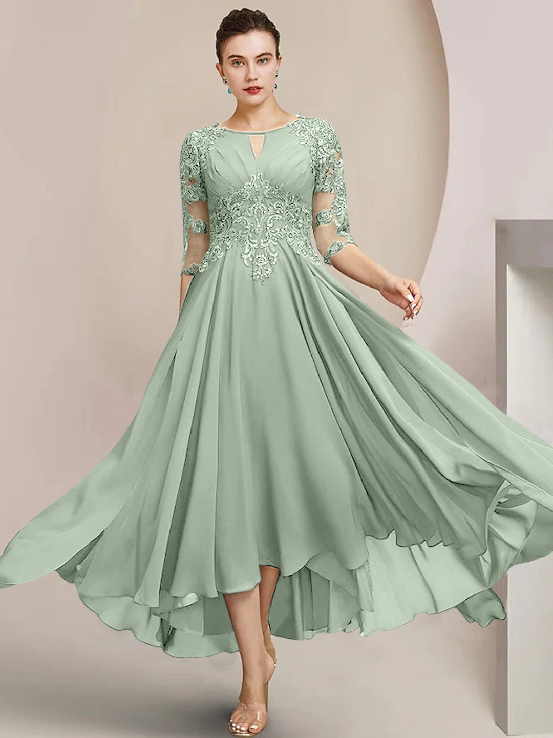 Robes de Mère de la Mariée Coupe A-Line/Princess à Encolure Dégagée et Longueur Thé