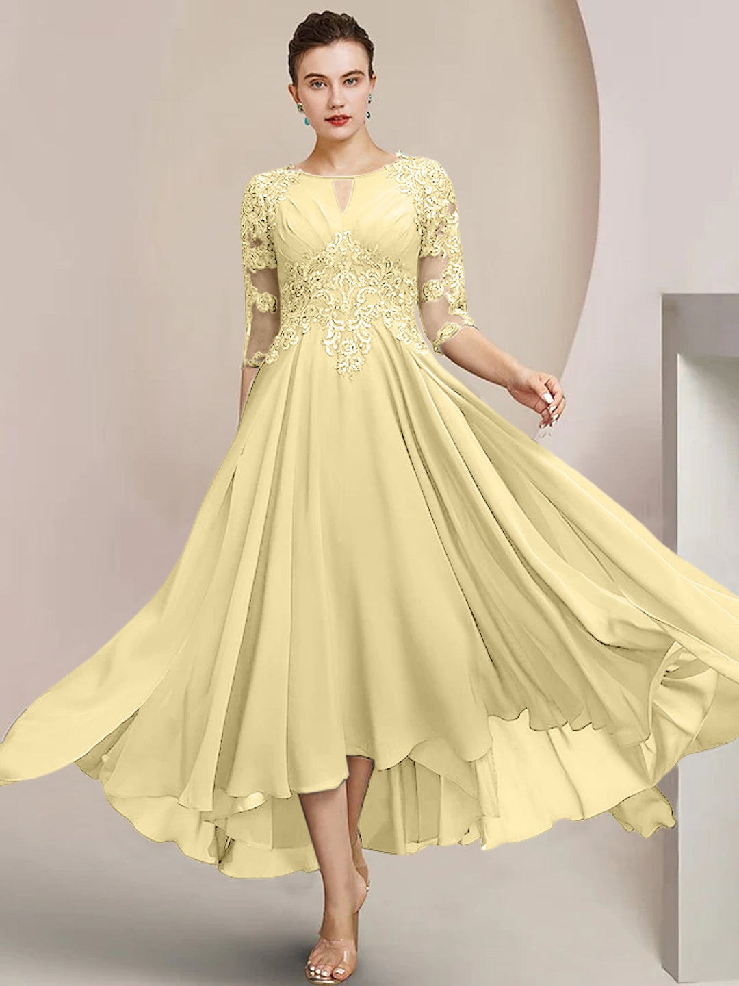 Robes de Mère de la Mariée Coupe A-Line/Princess à Encolure Dégagée et Longueur Thé