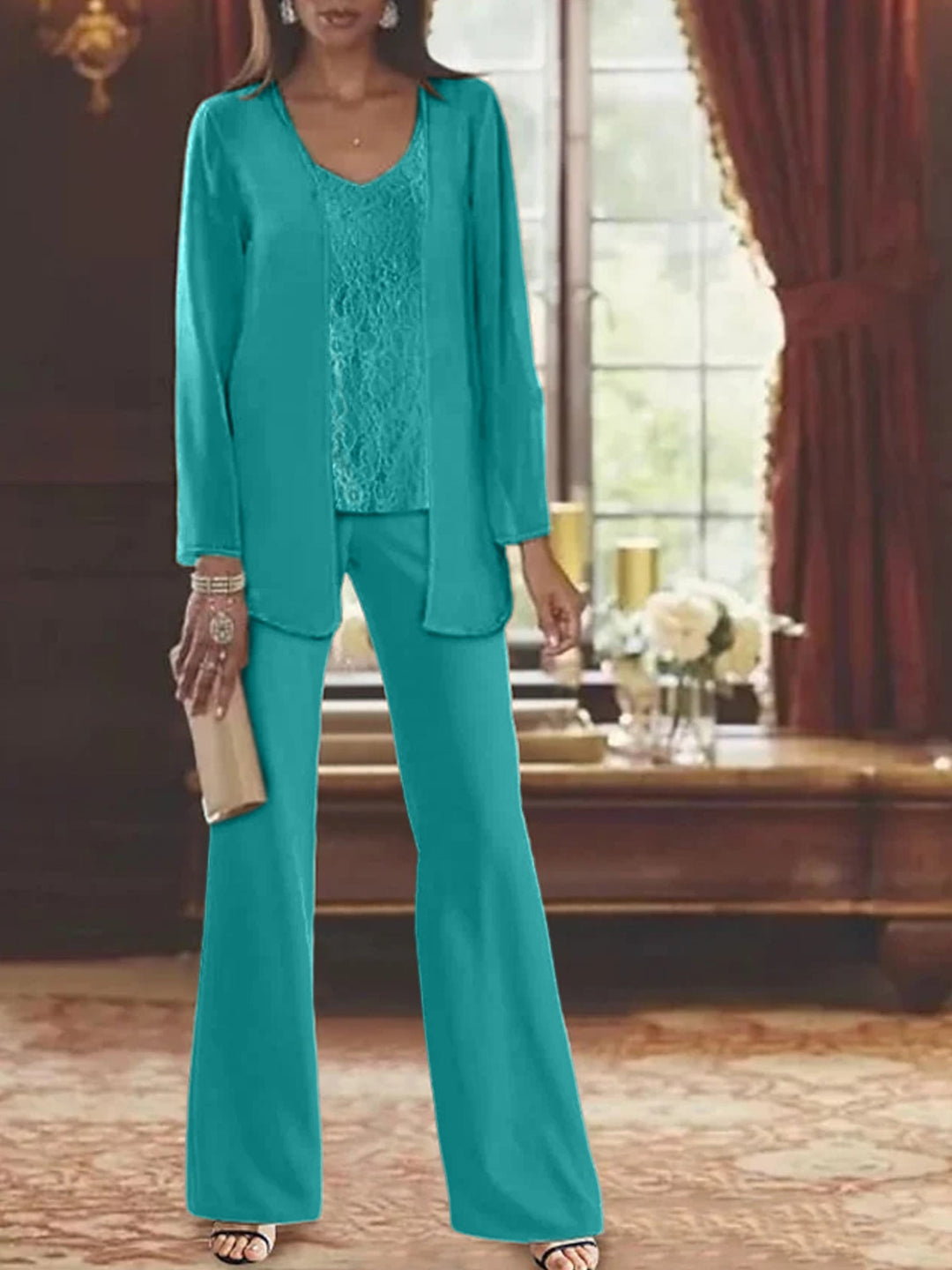 Tailleur-Pantalon en Mousseline de Soie avec Veste pour Mère de la Mariée