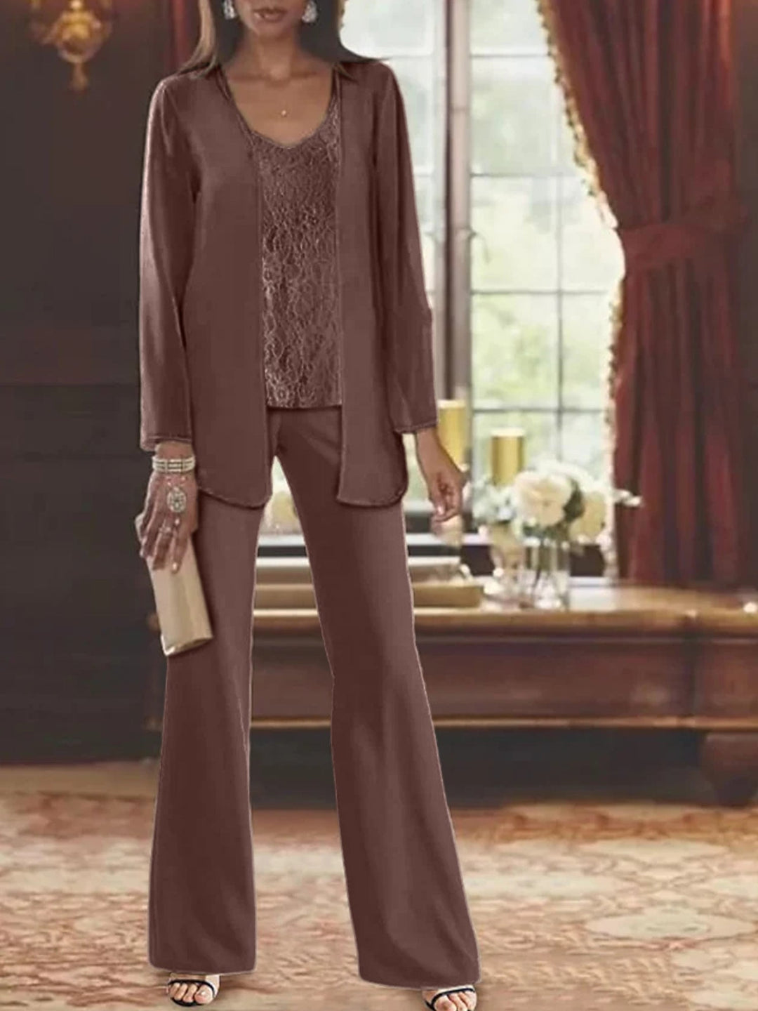 Tailleur-Pantalon en Mousseline de Soie avec Veste pour Mère de la Mariée