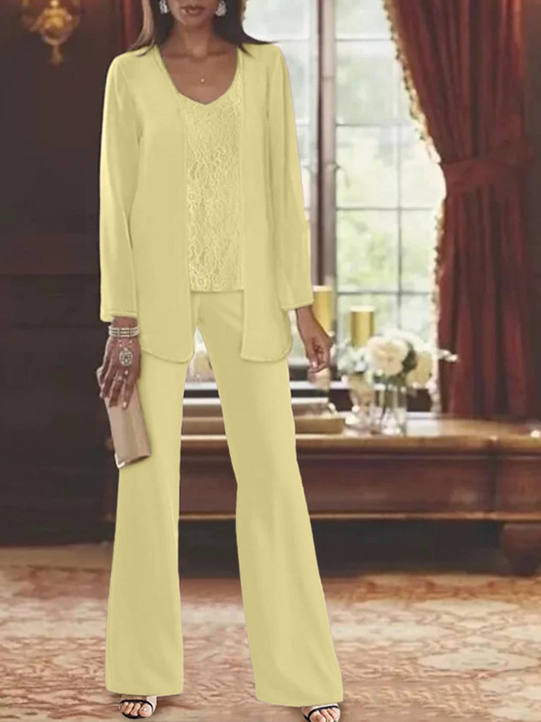 Tailleur-Pantalon en Mousseline de Soie avec Veste pour Mère de la Mariée