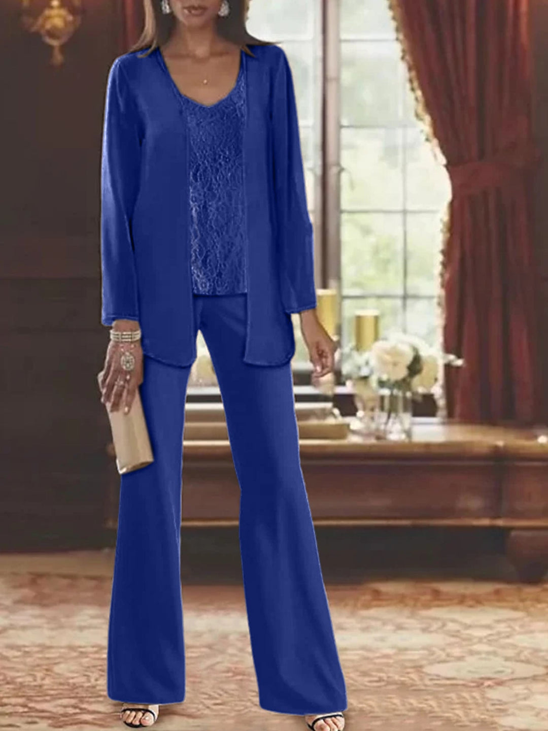 Tailleur-Pantalon en Mousseline de Soie avec Veste pour Mère de la Mariée