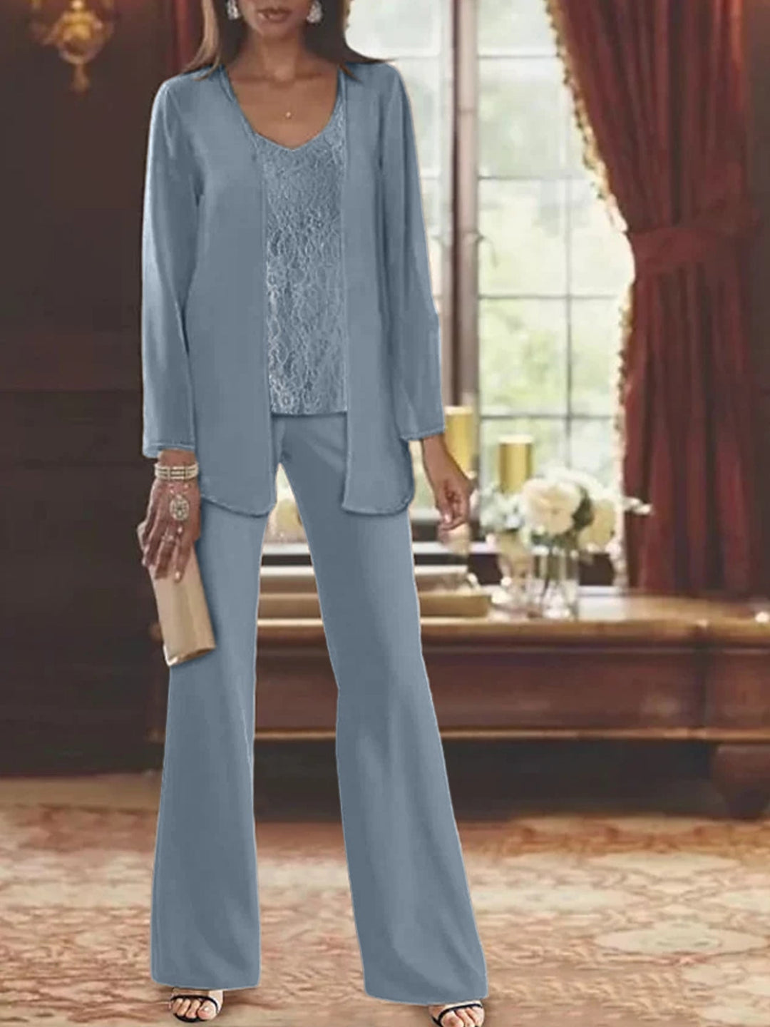 Tailleur-Pantalon en Mousseline de Soie avec Veste pour Mère de la Mariée