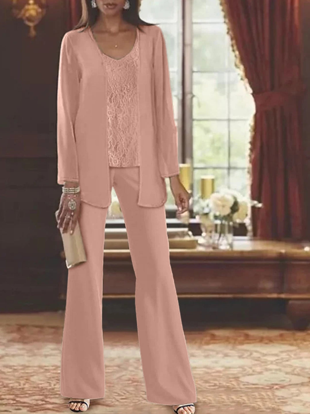 Tailleur-Pantalon en Mousseline de Soie avec Veste pour Mère de la Mariée