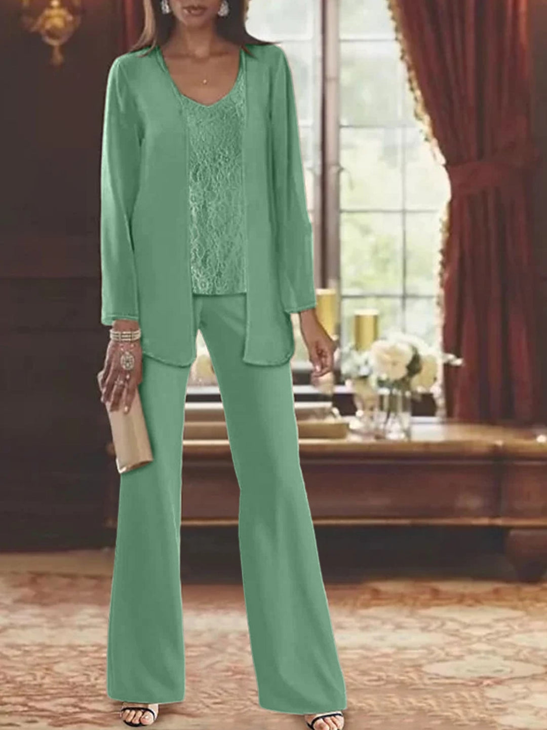 Tailleur-Pantalon en Mousseline de Soie avec Veste pour Mère de la Mariée