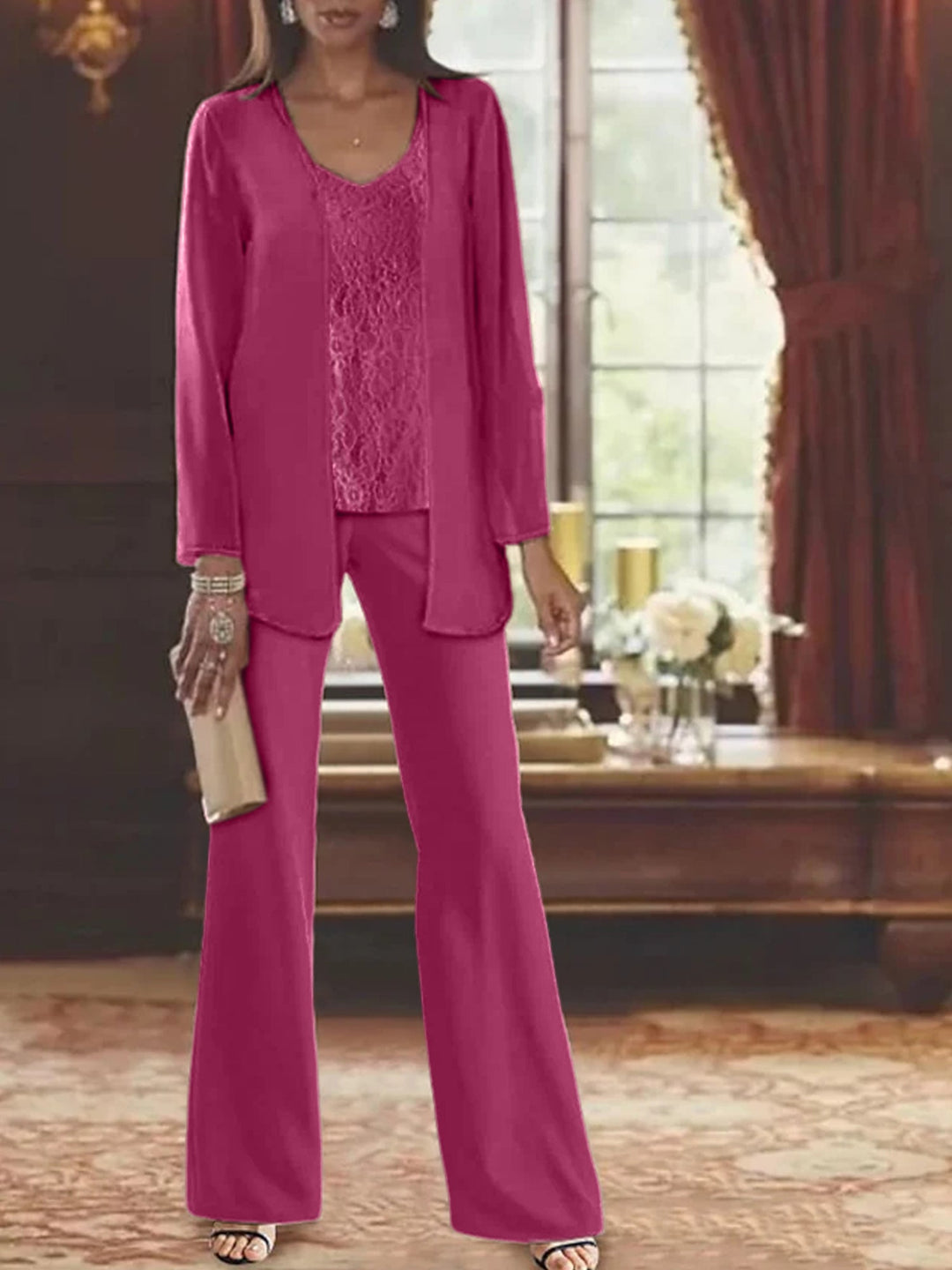 Tailleur-Pantalon en Mousseline de Soie avec Veste pour Mère de la Mariée