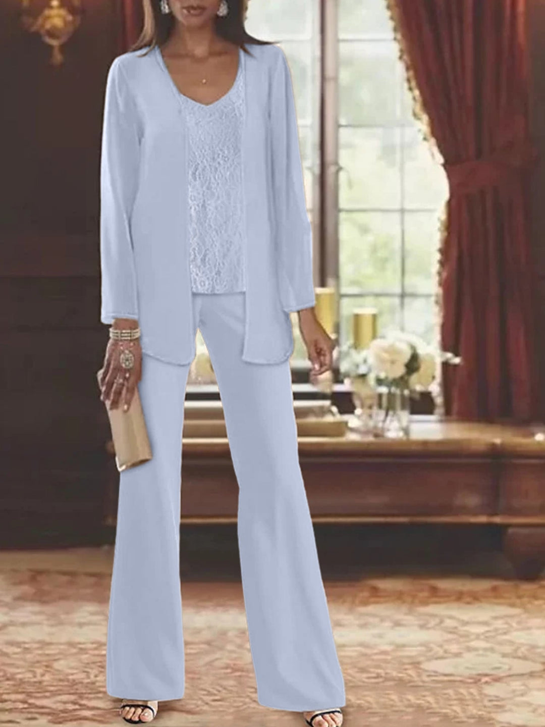 Tailleur-Pantalon en Mousseline de Soie avec Veste pour Mère de la Mariée