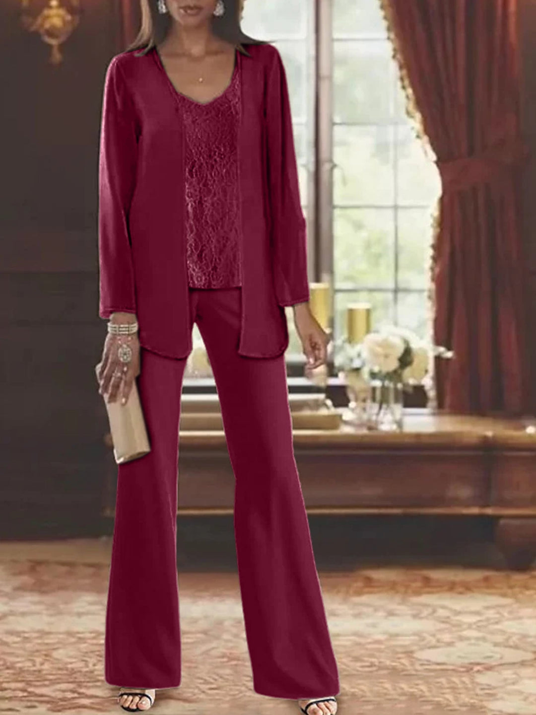 Tailleur-Pantalon en Mousseline de Soie avec Veste pour Mère de la Mariée