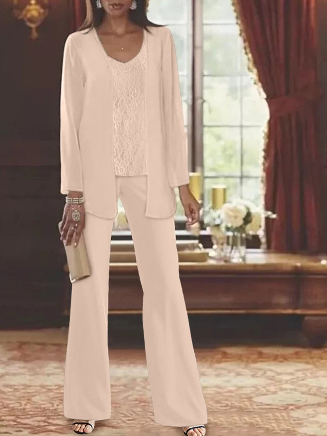 Tailleur-Pantalon en Mousseline de Soie avec Veste pour Mère de la Mariée