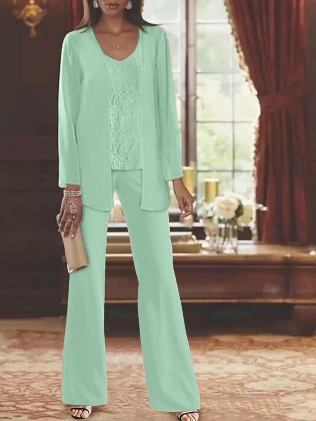 Tailleur-Pantalon en Mousseline de Soie avec Veste pour Mère de la Mariée