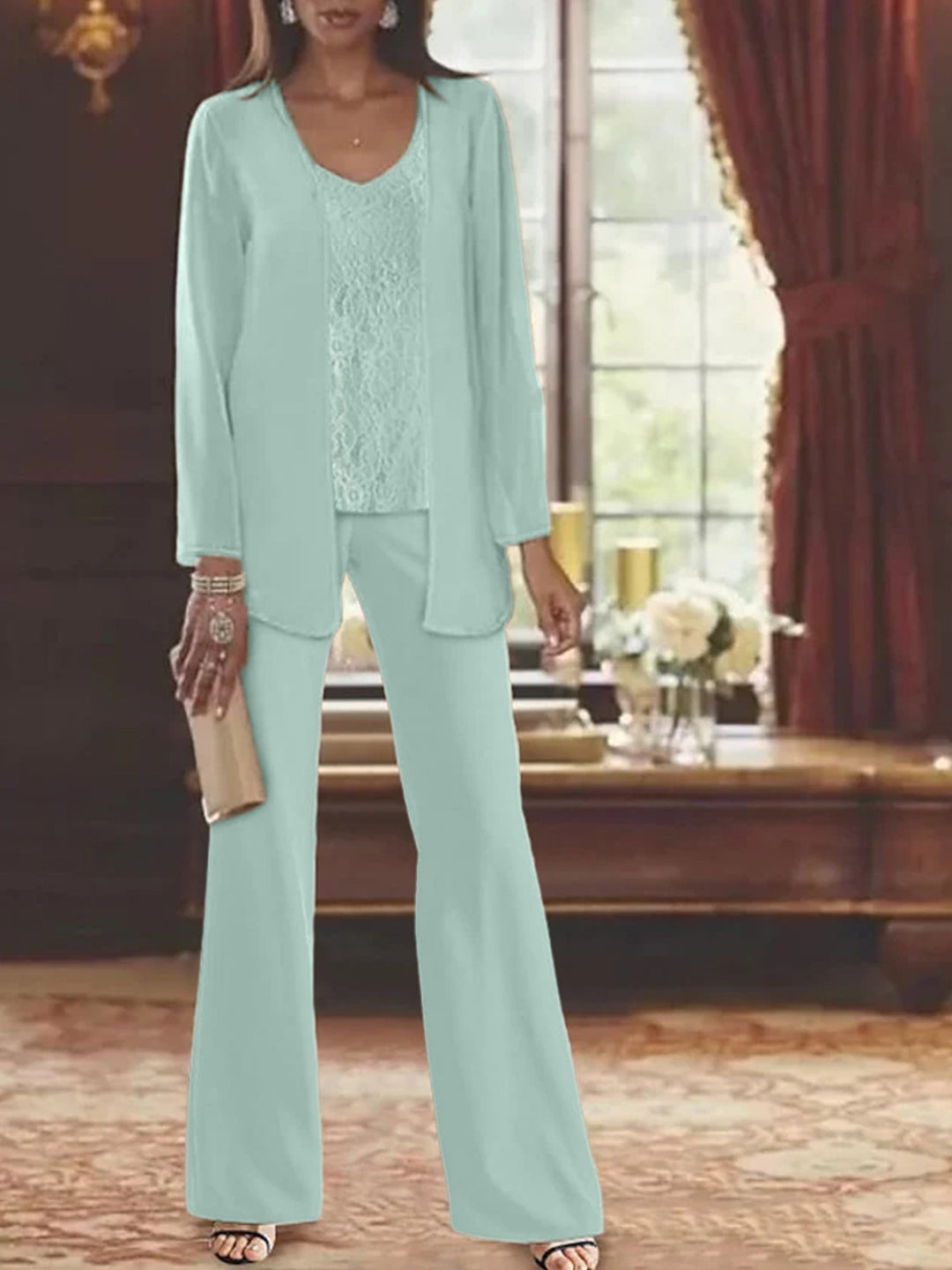 Tailleur-Pantalon en Mousseline de Soie avec Veste pour Mère de la Mariée