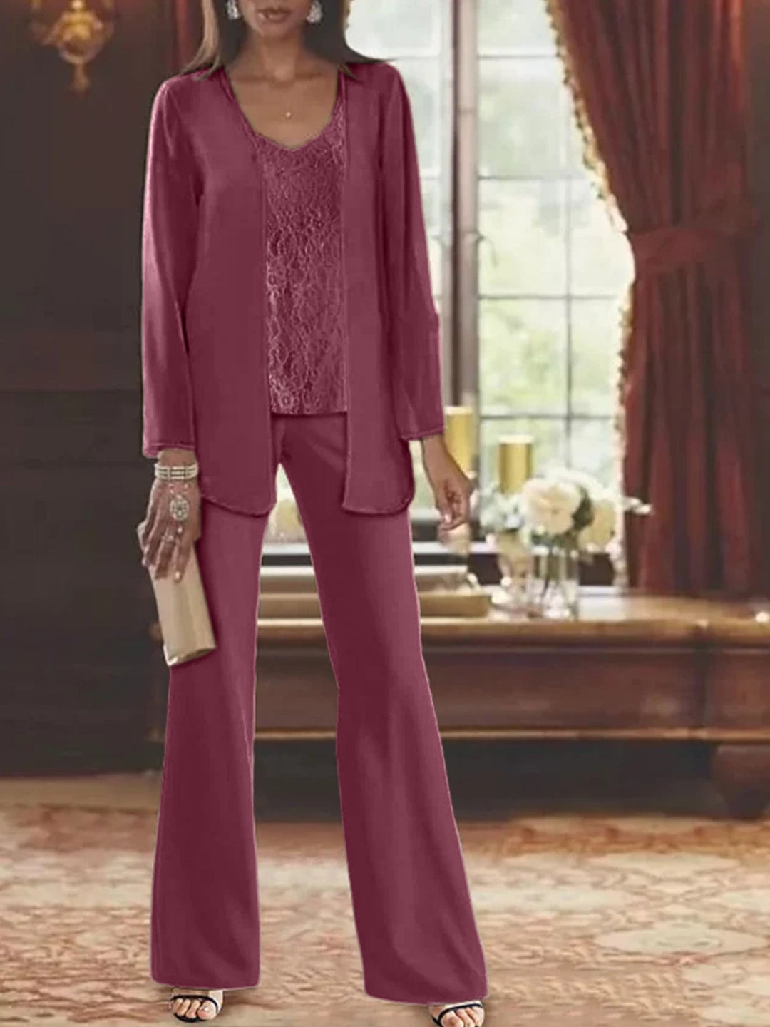 Tailleur-Pantalon en Mousseline de Soie avec Veste pour Mère de la Mariée